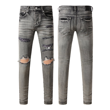 Jean pour homme, style streetwear classique, délavé noir/gris, déchiré, coupe skinny 9068