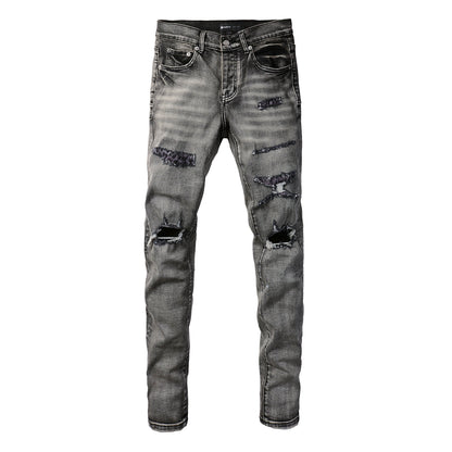 Jean pour homme, style streetwear classique, délavé noir/gris, déchiré, coupe skinny 9068