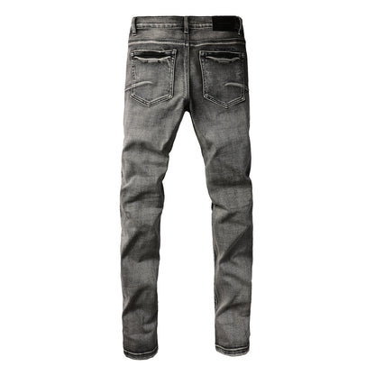 Jean pour homme, style streetwear classique, délavé noir/gris, déchiré, coupe skinny 9068
