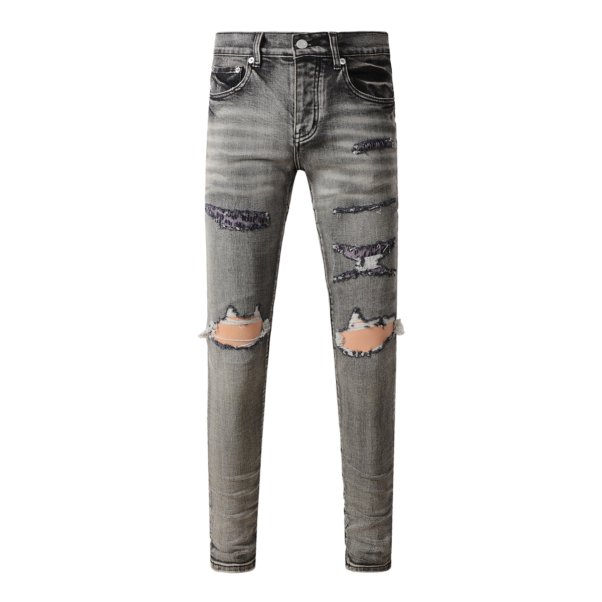 Jean pour homme, style streetwear classique, délavé noir/gris, déchiré, coupe skinny 9068