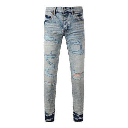 Jeans Streetwear de Hombre Rotos Azul Claro Abstracto Ajustados 9093