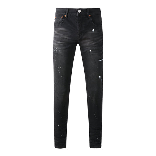 Jean skinny noir pour homme avec éclaboussures de peinture blanche, pantalon en jean extensible streetwear 9098
