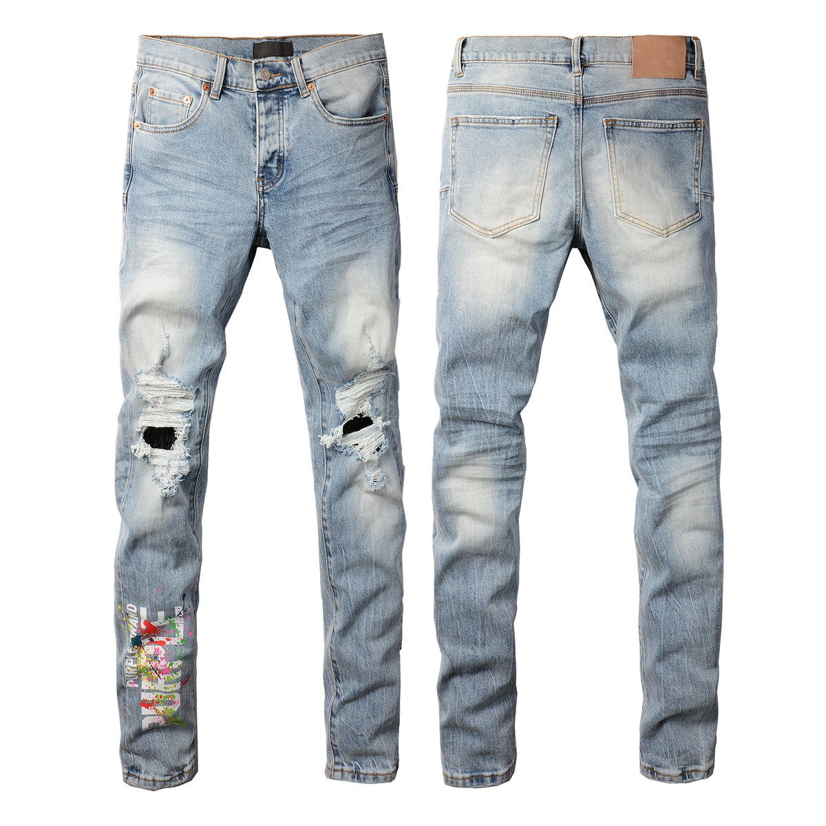 Jeans déchirés homme streetwear, bleu clair, imprimé graffiti, délavé, coupe skinny 9101
