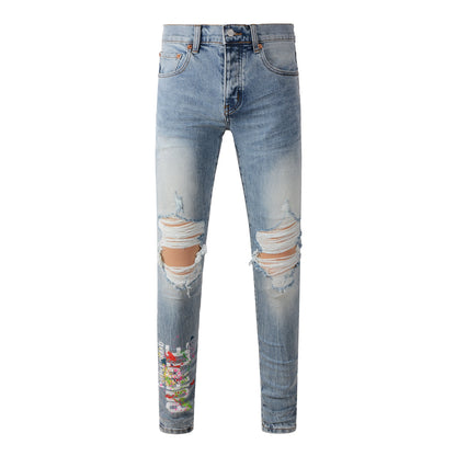 Jeans déchirés homme streetwear, bleu clair, imprimé graffiti, délavé, coupe skinny 9101