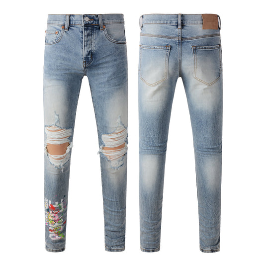 Men Streetwear Jeans Light Blue Ripped Graffiti Print Distressed Skinny 9101