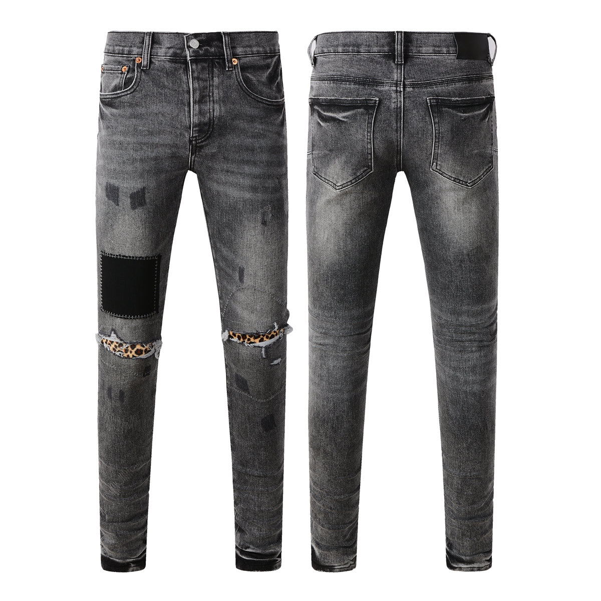 Men Streetwear Jeans Distressed Grey Ripped Patch Leopard Skinny 9102