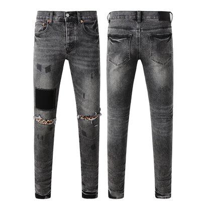 Men Streetwear Jeans Distressed Grey Ripped Patch Leopard Skinny 9102
