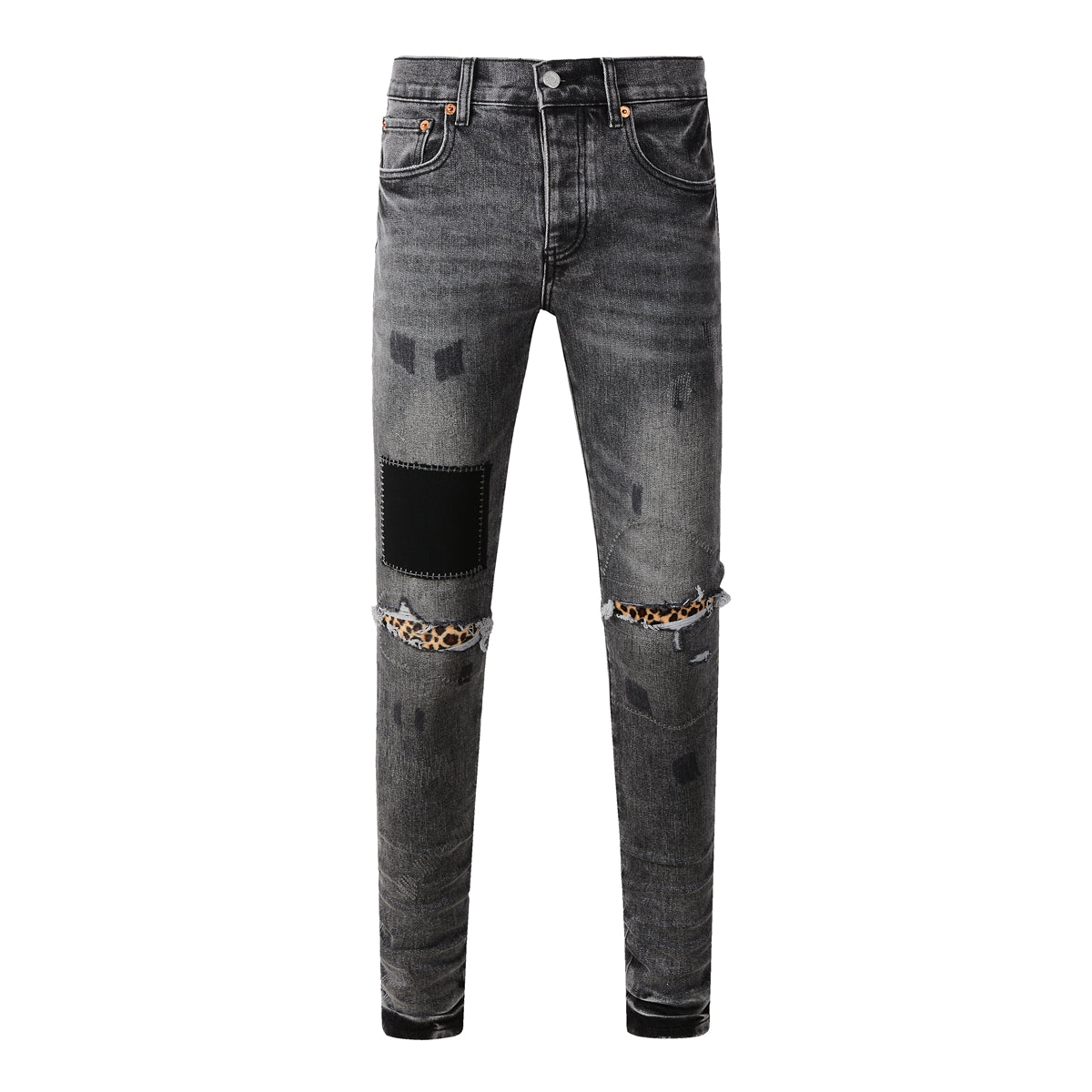 Men Streetwear Jeans Distressed Grey Ripped Patch Leopard Skinny 9102