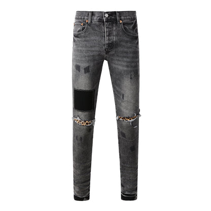 Men Streetwear Jeans Distressed Grey Ripped Patch Leopard Skinny 9102