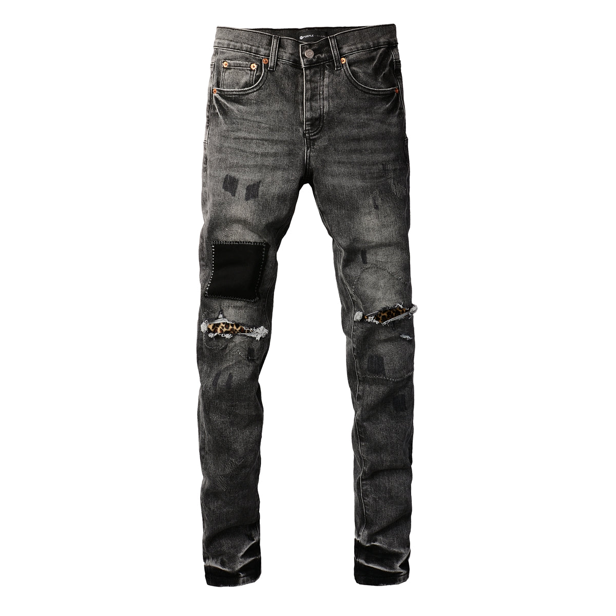 Men Streetwear Jeans Distressed Grey Ripped Patch Leopard Skinny 9102