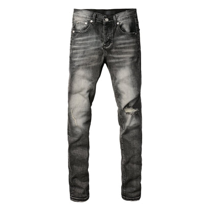 Jeans Classique Homme Streetwear Gris Délavé Slim Effilé Déchiré 9103