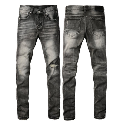 Jeans Classique Homme Streetwear Gris Délavé Slim Effilé Déchiré 9103