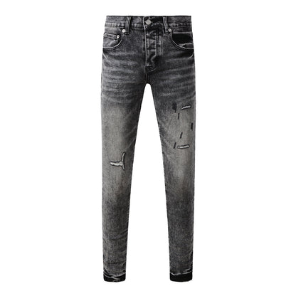 Men Distressed Grey Washed Skinny Jeans Ripped Scratch Style 9105