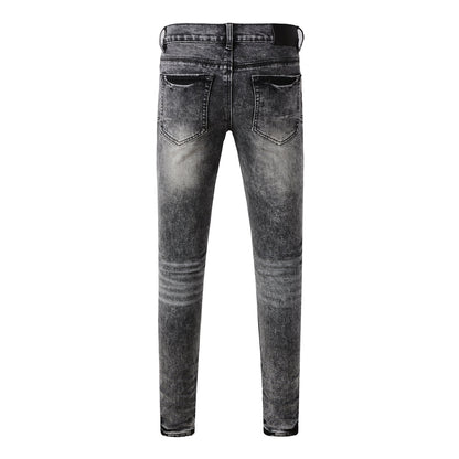Men Distressed Grey Washed Skinny Jeans Ripped Scratch Style 9105