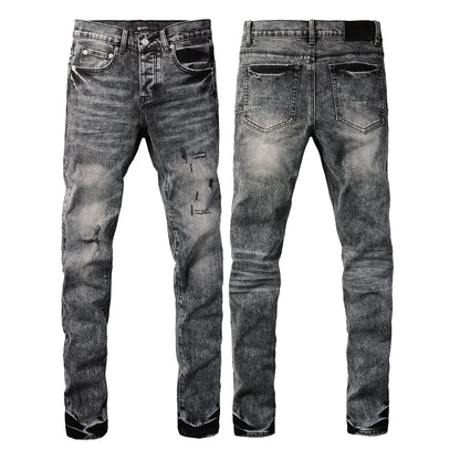 Men Distressed Grey Washed Skinny Jeans Ripped Scratch Style 9105