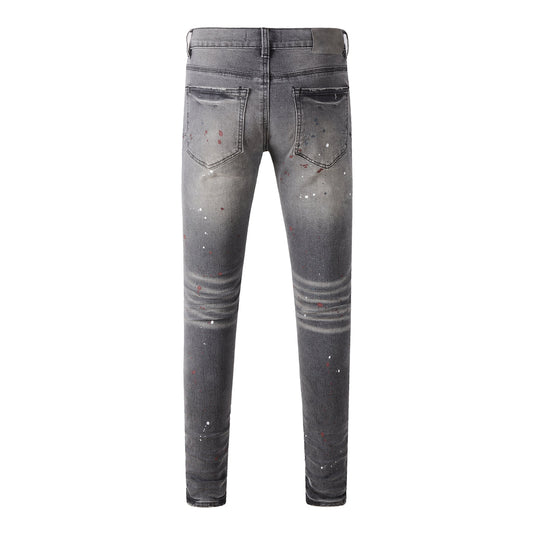 Men Streetwear Distressed Grey Skinny Jeans with Color Paint Splatter and Knee Rips 9107