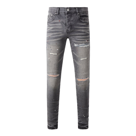 Men Streetwear Distressed Grey Skinny Jeans with Color Paint Splatter and Knee Rips 9107