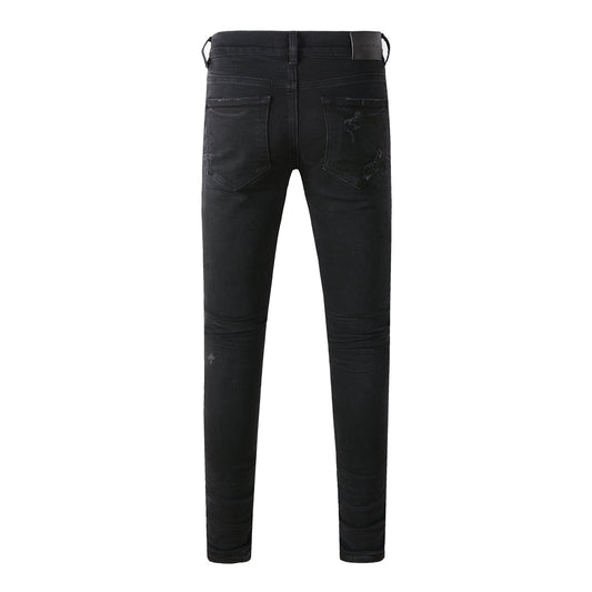 Men Distressed Black Skinny Jeans with Heavy Ripped Design and Grunge Streetwear Vibe 9108