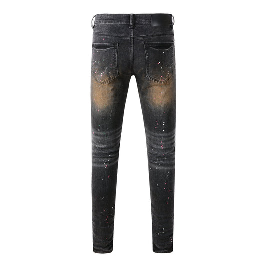 Men’s Black Skinny Jeans with Rust-Toned Wash and Multicolor Paint Splatter Artistic Distressed Street 9109