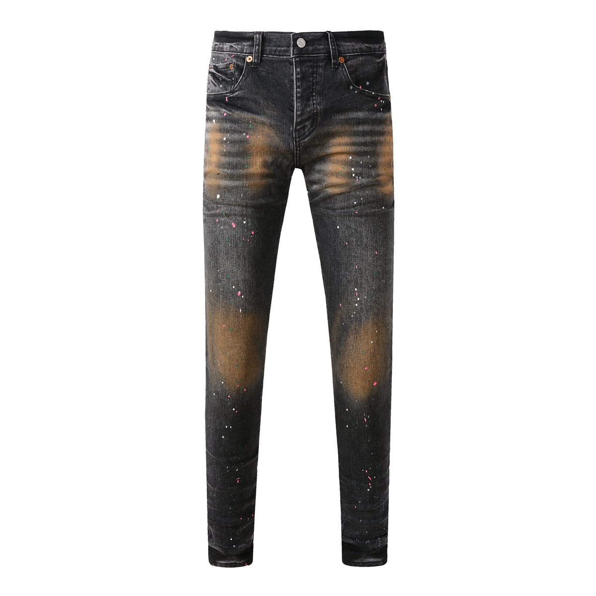 Men’s Black Skinny Jeans with Rust-Toned Wash and Multicolor Paint Spl ...