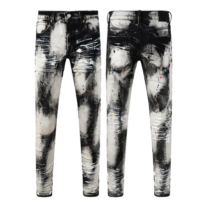 Men Streetwear Skinny Jeans Black and White Graffiti Wash with Multi Color Paint Splash PU9111