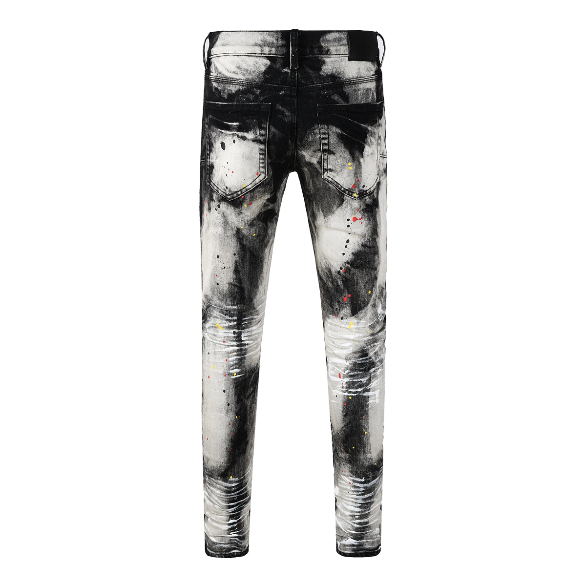 Men Streetwear Skinny Jeans Black and White Graffiti Wash with Multi Color Paint Splash PU9111