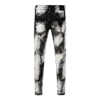 Men Streetwear Skinny Jeans Black and White Graffiti Wash with Multi Color Paint Splash PU9111