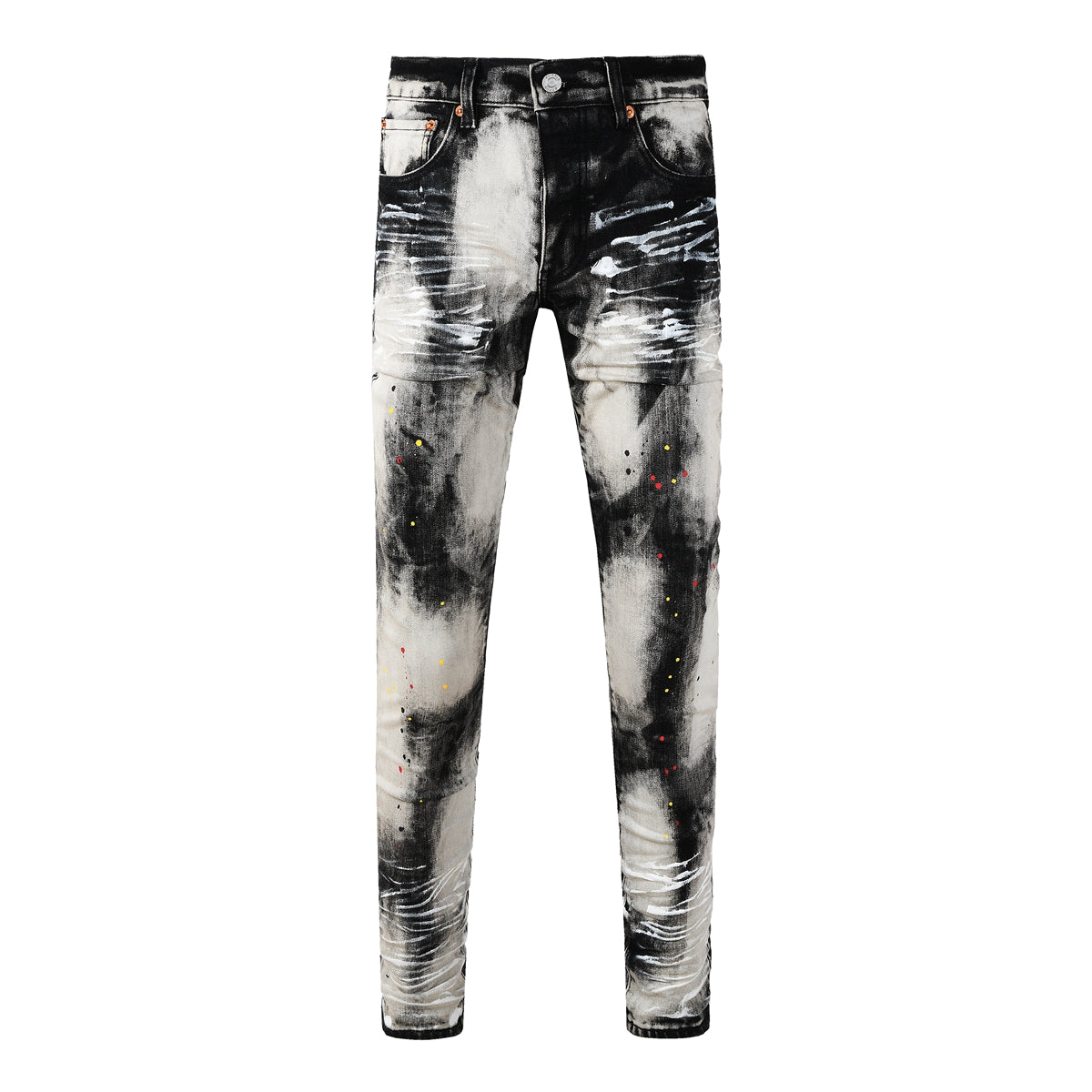 Men Streetwear Skinny Jeans Black and White Graffiti Wash with Multi Color Paint Splash PU9111