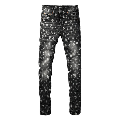 Jean skinny homme gris foncé imprimé monogramme déchiré style classique PU9112
