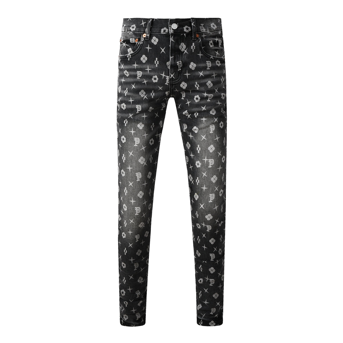 Jean skinny homme gris foncé imprimé monogramme déchiré style classique PU9112