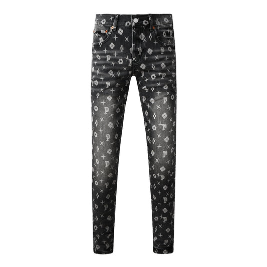 Men Classic Street Skinny Jeans Dark Grey Monogram Print All Over Distressed Style PU9112