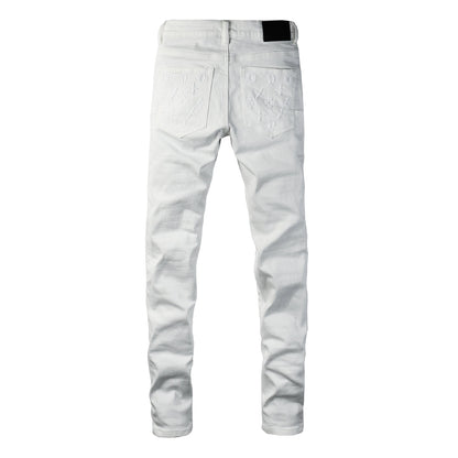 Jeans ajustados de diseñador para hombre, estilo urbano, blancos sólidos con patrón de monograma grabado en 3D PU9113