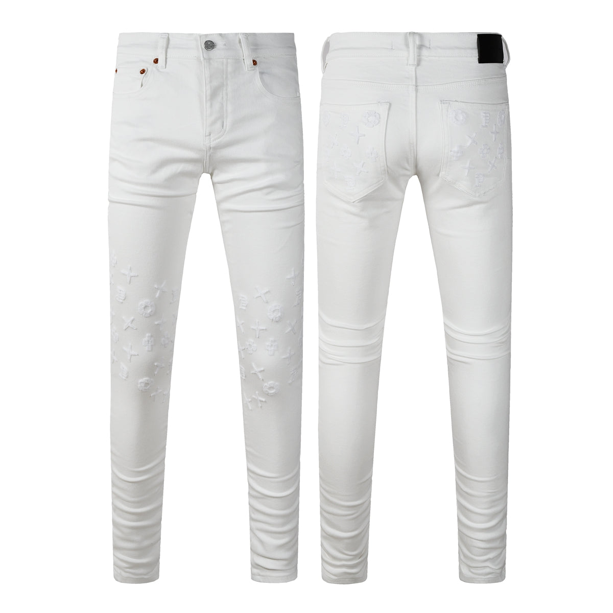 Jeans ajustados de diseñador para hombre, estilo urbano, blancos sólidos con patrón de monograma grabado en 3D PU9113