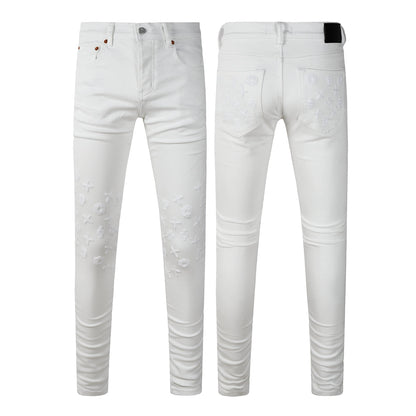 Jeans ajustados de diseñador para hombre, estilo urbano, blancos sólidos con patrón de monograma grabado en 3D PU9113