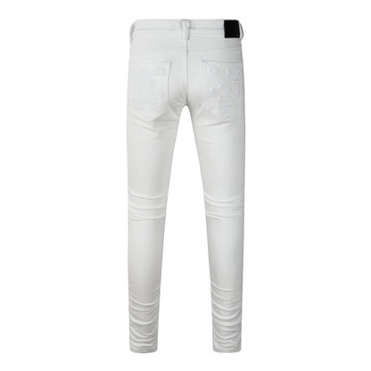 Jeans ajustados de diseñador para hombre, estilo urbano, blancos sólidos con patrón de monograma grabado en 3D PU9113
