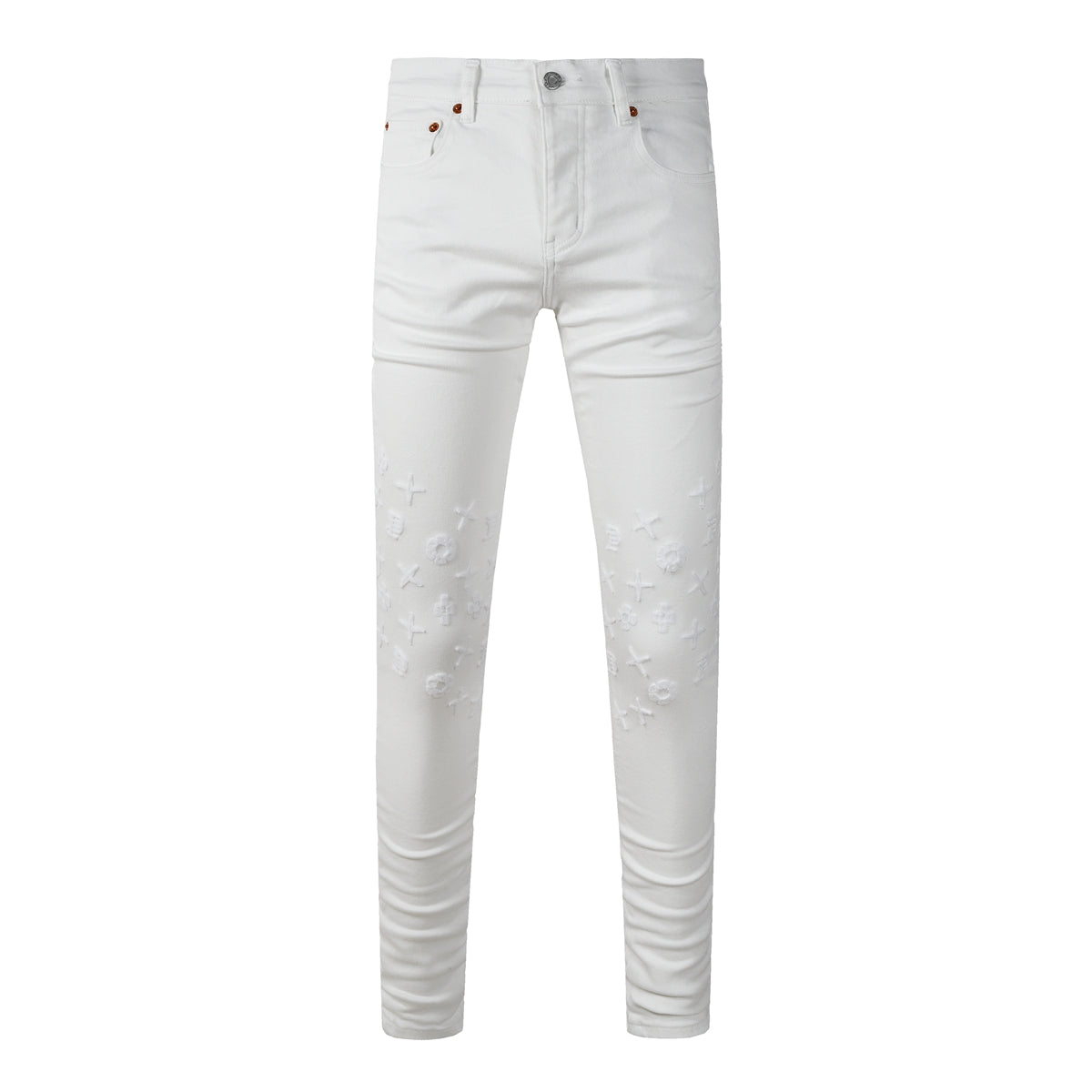 Jeans ajustados de diseñador para hombre, estilo urbano, blancos sólidos con patrón de monograma grabado en 3D PU9113