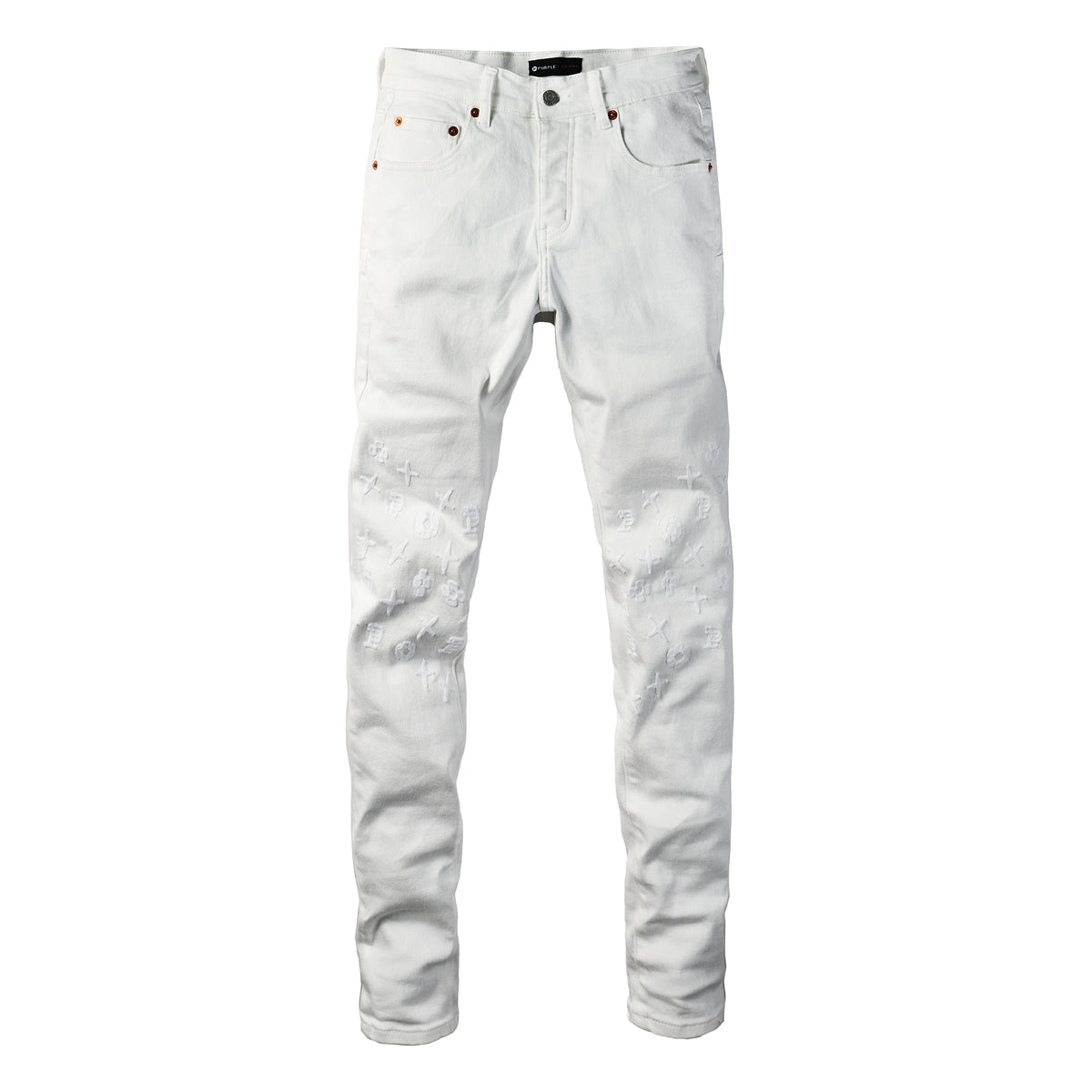 Jeans ajustados de diseñador para hombre, estilo urbano, blancos sólidos con patrón de monograma grabado en 3D PU9113