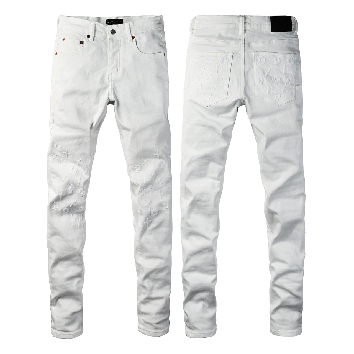 Jeans ajustados de diseñador para hombre, estilo urbano, blancos sólidos con patrón de monograma grabado en 3D PU9113