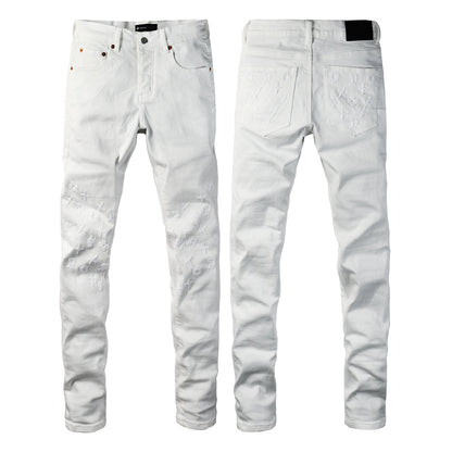 Jeans ajustados de diseñador para hombre, estilo urbano, blancos sólidos con patrón de monograma grabado en 3D PU9113