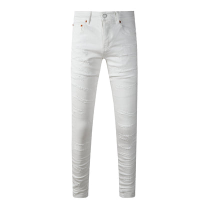 Men Classic Streetwear Skinny Jeans Solid White with Subtle Distressed Details PU9118