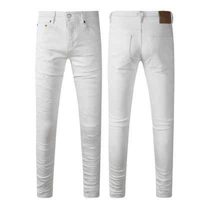 Men Classic Streetwear Skinny Jeans Solid White with Subtle Distressed Details PU9118