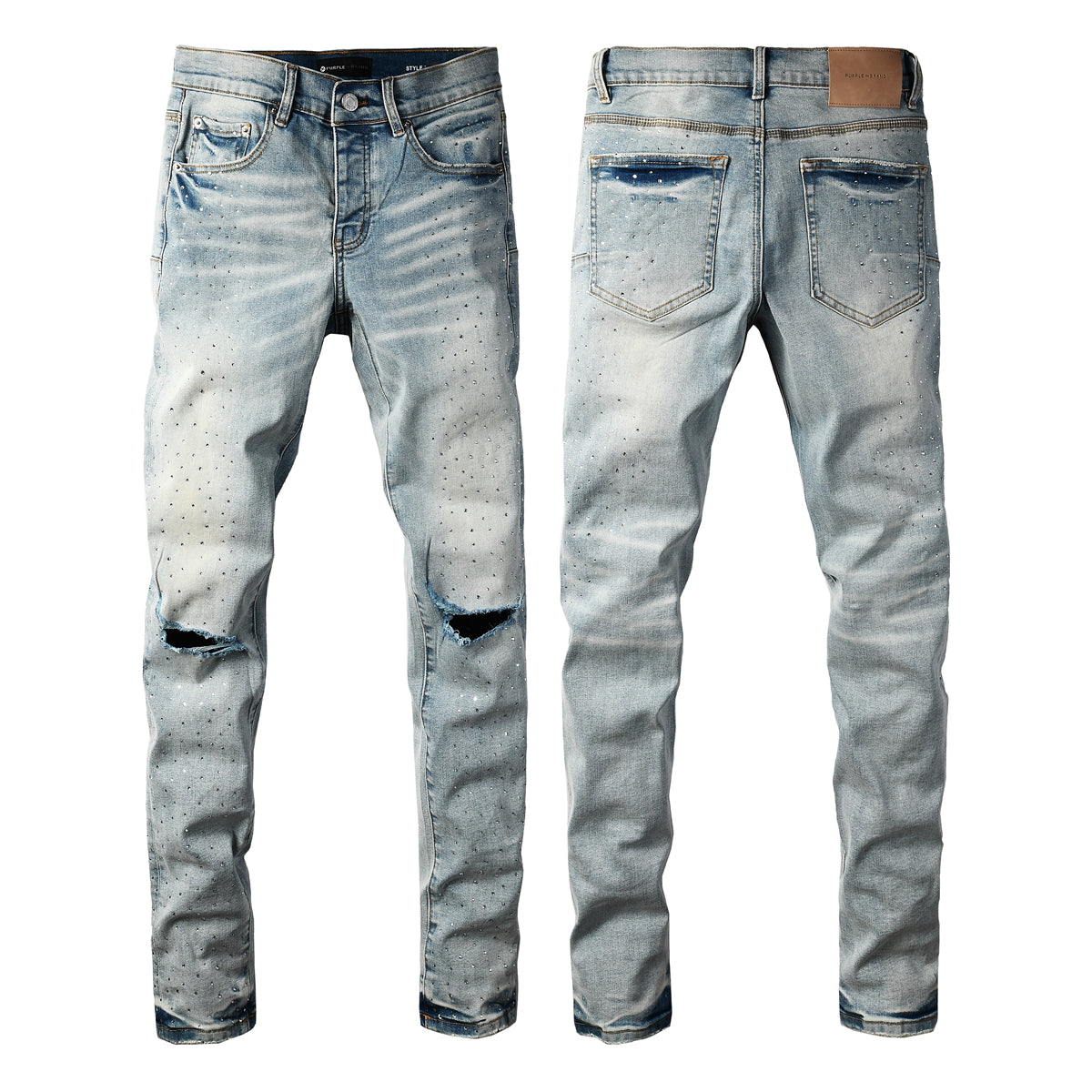 Men Streetwear Skinny Jeans Light Blue with Rhinestone Studs and Distressed Details PU9119