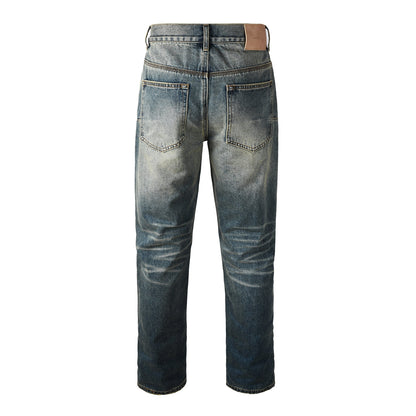 Men Vintage Streetwear Straight Jeans Blue Washed with Whisker Fade and Contrast Panels PU9120