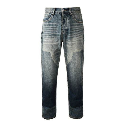 Men Vintage Streetwear Straight Jeans Blue Washed with Whisker Fade and Contrast Panels PU9120