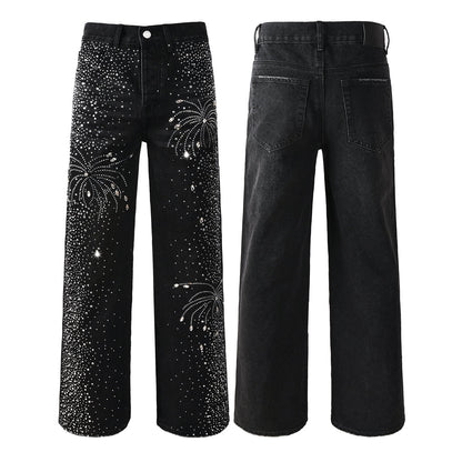 Mens Designer Straight Leg Black Jeans with Dazzling Crystal Fireworks Night Sky Inspired Look 9125