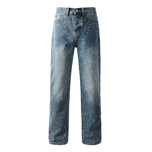 Jean droit bleu pour homme avec éclaboussures de peinture Jean denim streetwear décontracté délavé vintage 9126