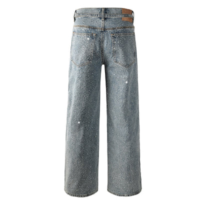 Mens Y2K Inspired Jeans Relaxed Fit with Crystal Embellishment and Unique Tie Strap Decoration 9129