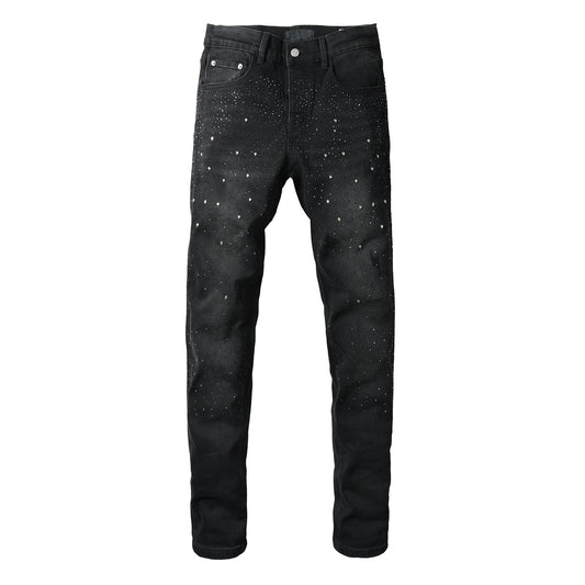 Jean skinny noir pour homme avec strass dégradés, inspiré d'un ciel étoilé, denim 9130