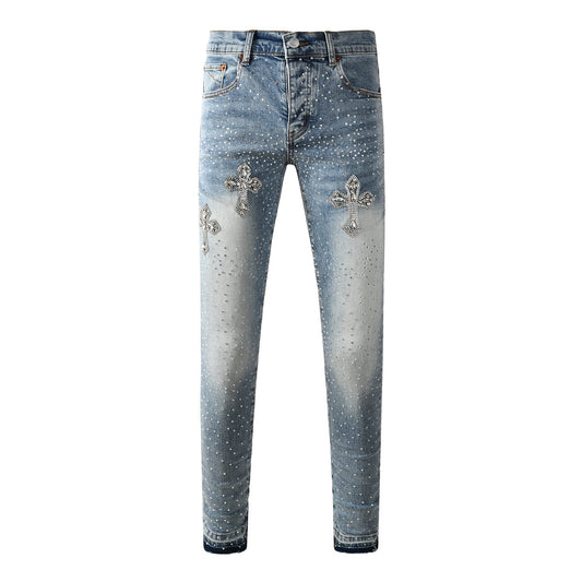 Jean skinny bleu clair pour homme avec motif croix en cristal et strass sur toute la surface 9132