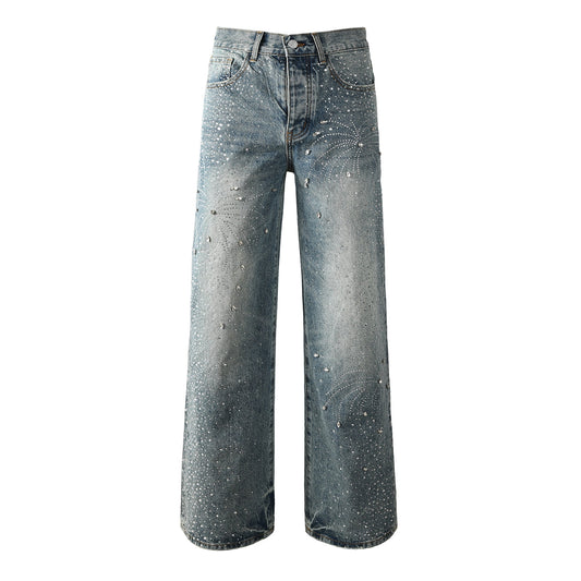 Jean ample délavé vintage pour homme avec motif feu d'artifice en cristal et strass partout 9133